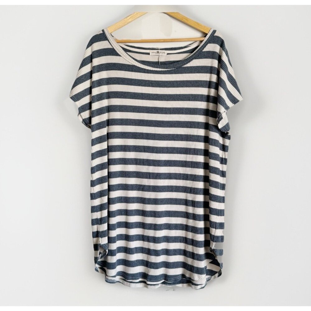 Natural Life Gray Blue Ribbed Striped Tunic Top Women’s Large XL Dolman Sleeves
